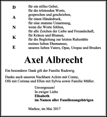 Traueranzeige von Axel Albrecht von MAZ-Trauer.de