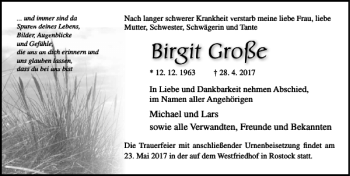 Traueranzeige von Birgit Große von Ostsee-Zeitung