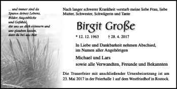 Traueranzeige von Birgit Große von Ostsee-Zeitung