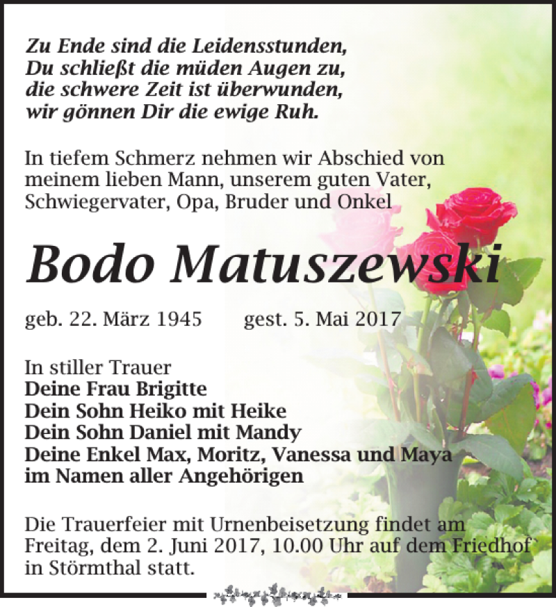  Traueranzeige für Bodo Matuszewski vom 13.05.2017 aus Leipziger Volkszeitung