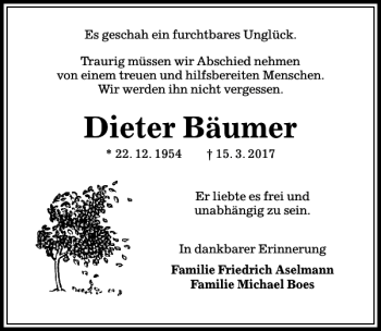 Traueranzeige von Dieter Bäumer von Peiner Allgemeine Zeitung