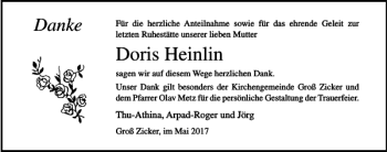 Traueranzeige von Doris Heinlin von Ostsee-Zeitung