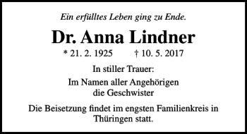 Traueranzeige von Dr. Anna Lindner von Ostsee-Zeitung