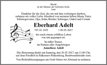 Traueranzeige von Eberhard Adelt von MAZ-Trauer.de