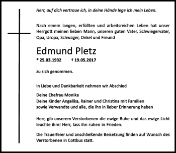 Traueranzeige von Edmund Pletz von HAZ/NP