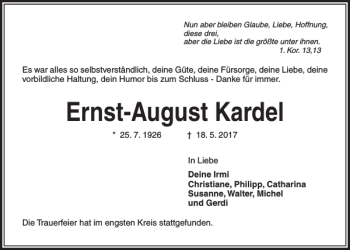 Traueranzeige von Ernst-August Kardel von Kieler Nachrichten / Segeberger Zeitung
