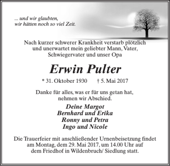 Traueranzeige von Erwin Pulter von MAZ-Trauer.de