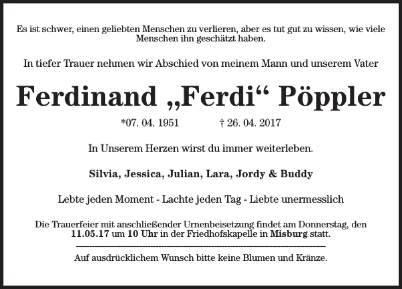  Traueranzeige für Ferdinand Ferdi Pöppler vom 06.05.2017 aus HAZ/NP