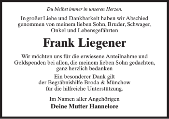 Traueranzeige von Frank Liegener von MAZ-Trauer.de