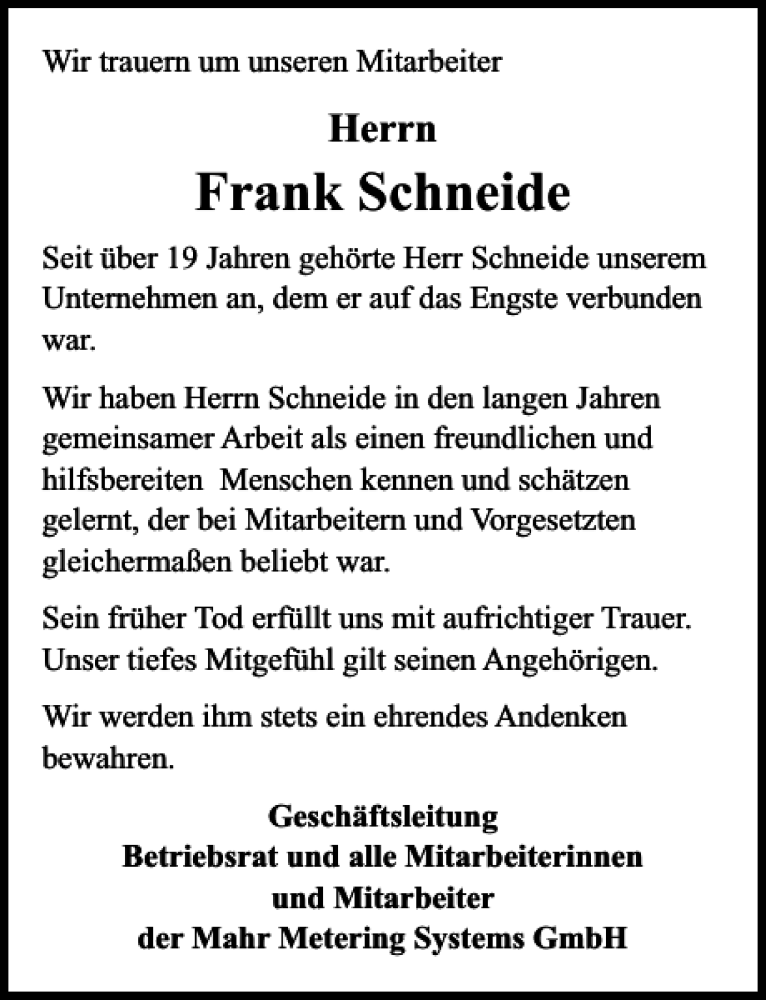  Traueranzeige für Frank Schneide vom 26.05.2017 aus Göttinger Tageblatt