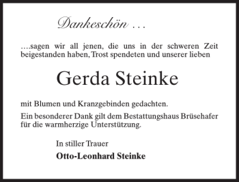 Traueranzeige von Gerda Steinke von MAZ-Trauer.de