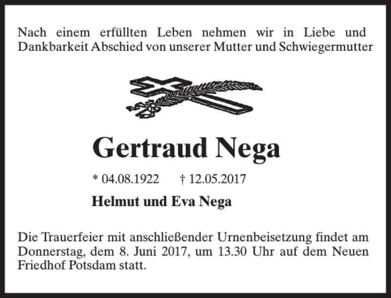  Traueranzeige für Gertraud Nega vom 27.05.2017 aus MAZ-Trauer.de