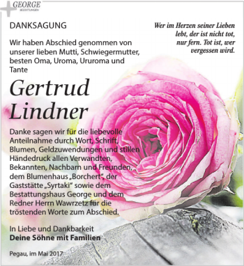 Traueranzeige von Gertrud Lindner von Leipziger Volkszeitung
