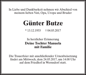 Traueranzeige von Günter Butze von MAZ-Trauer.de