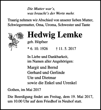 Traueranzeige von Hedwig Lemke von Ostsee-Zeitung