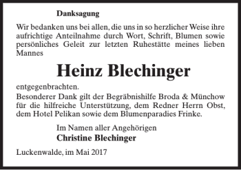 Traueranzeige von Heinz Blechinger von MAZ-Trauer.de