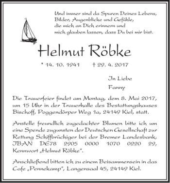 Traueranzeige von Helmut Röbke von Kieler Nachrichten / Segeberger Zeitung