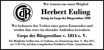 Traueranzeige von Herbert Cdb Euling von Peiner Allgemeine Zeitung