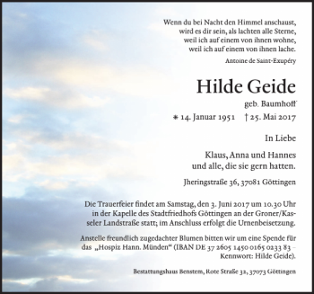 Traueranzeige von Hilde Geide von Göttinger Tageblatt