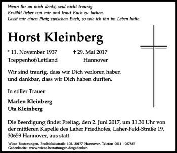 Traueranzeige von Horst Kleinberg von HAZ/NP