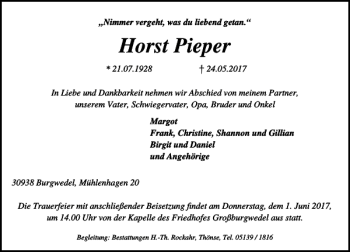 Traueranzeige von Horst Pieper von HAZ/NP