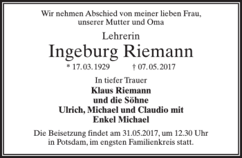 Traueranzeige von Ingeburg Riemann von MAZ-Trauer.de