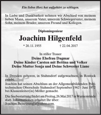 Traueranzeige von Joachim Hilgenfeld von MAZ-Trauer.de