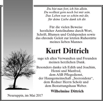 Traueranzeige von Kurt Dittrich von MAZ-Trauer.de
