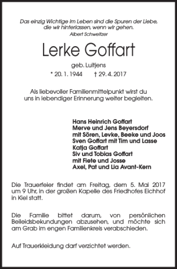 Traueranzeige von Lerke Goffart von Kieler Nachrichten / Segeberger Zeitung