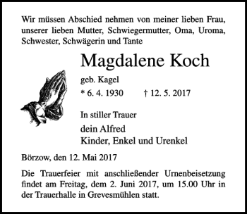Traueranzeige von Magdalene Koch von Ostsee-Zeitung