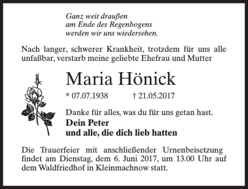  Traueranzeige für Maria Hönick vom 27.05.2017 aus MAZ-Trauer.de