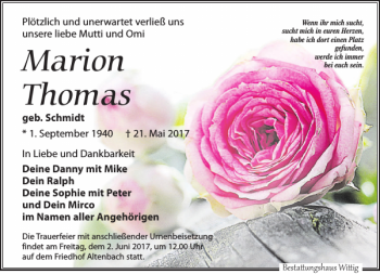 Traueranzeige von Marion Thomas von Leipziger Volkszeitung
