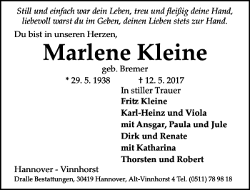 Traueranzeige von Marlene Kleine von HAZ/NP