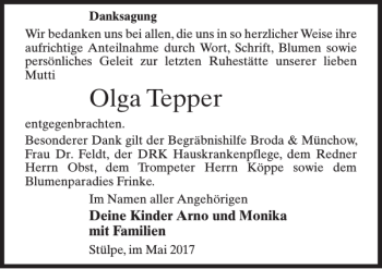 Traueranzeige von Olga Tepper von MAZ-Trauer.de