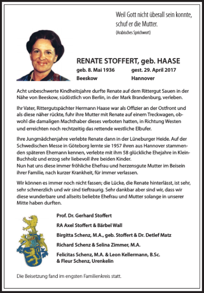  Traueranzeige für Renate Stoffert vom 13.05.2017 aus HAZ/NP