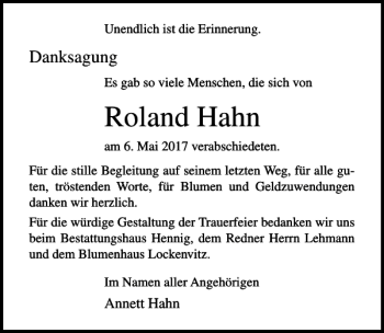 Traueranzeige von Roland Hahn von Ostsee-Zeitung