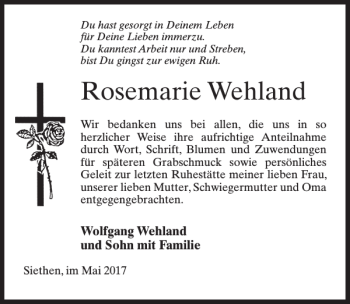 Traueranzeige von Rosemarie Wehland von MAZ-Trauer.de