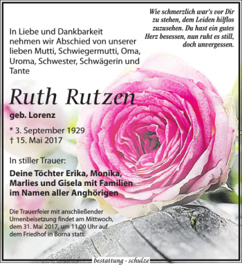Traueranzeige von Ruth Rutzen von Leipziger Volkszeitung