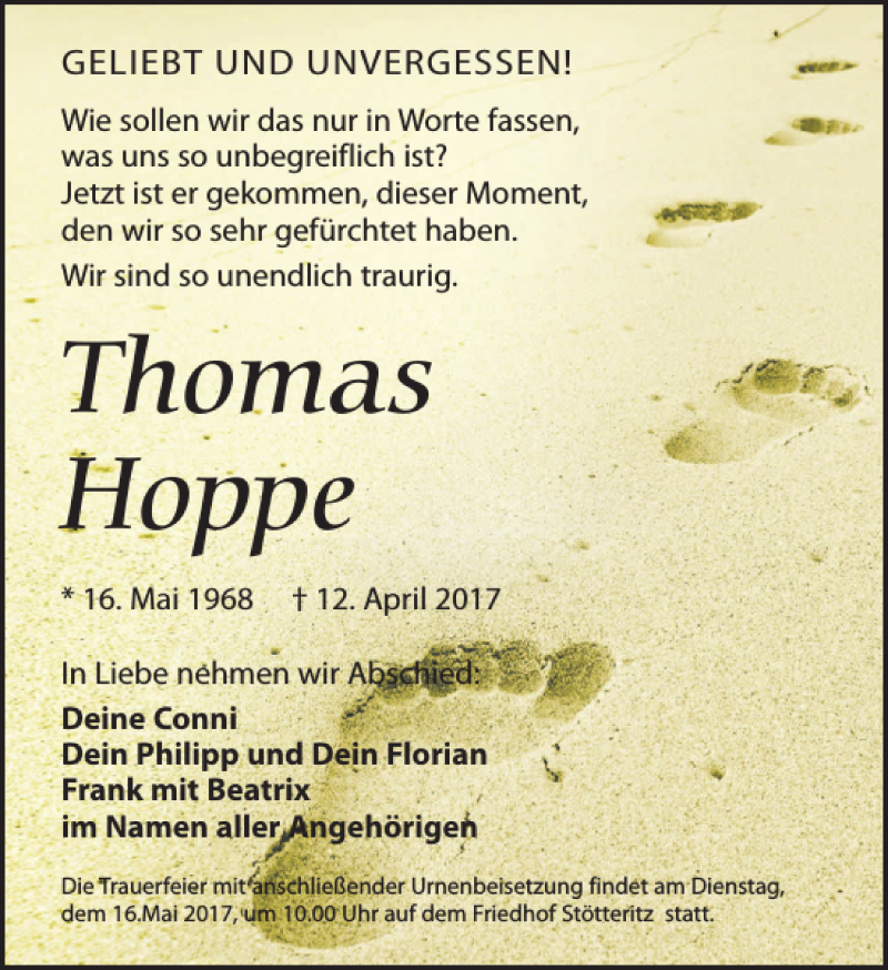  Traueranzeige für Thomas Hoppe vom 06.05.2017 aus Leipziger Volkszeitung
