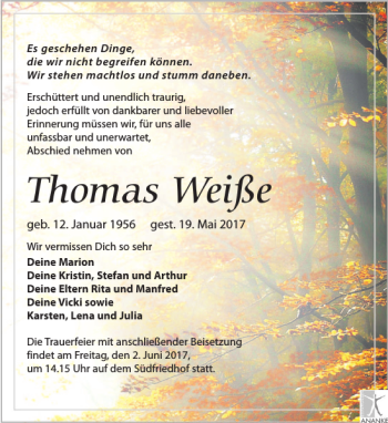 Traueranzeige von Thomas Weiße von Leipziger Volkszeitung