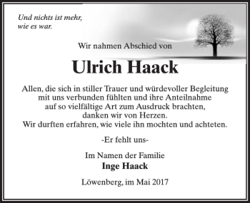 Traueranzeige von Ulrich Haack von MAZ-Trauer.de