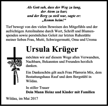 Traueranzeige von Ursula Krüger von MAZ-Trauer.de