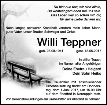 Traueranzeige von Willi Teppner von MAZ-Trauer.de