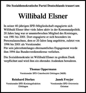 Traueranzeige von Willibald Elsner von Göttinger Tageblatt