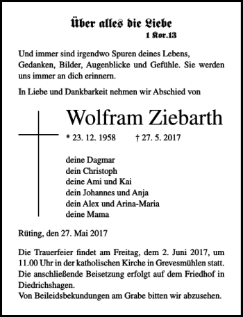 Traueranzeige von Wolfram Ziebarth von Ostsee-Zeitung