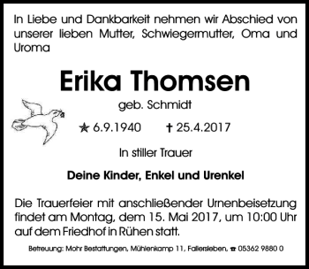 Traueranzeige von erika Thomsen von Aller Zeitung / Wolfsburger Allgemeine