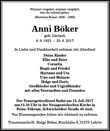 Traueranzeige von Anni Böker von Peiner Allgemeine Zeitung