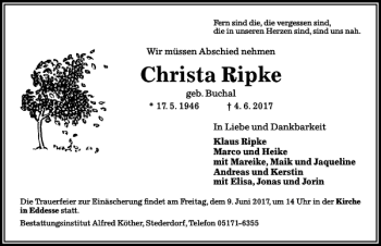 Traueranzeige von Christa Ripke von Peiner Allgemeine Zeitung