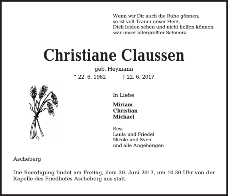  Traueranzeige für Christiane Claussen vom 27.06.2017 aus Kieler Nachrichten / Segeberger Zeitung
