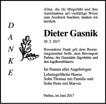 Traueranzeige von Dieter Gasnik von Ostsee-Zeitung